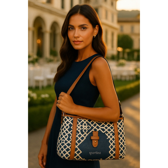 Spartina 449 Handbags - Spartina 449 Linen Leather Bag Daufuskie Island Geo Canvas Coastal Resort Prep